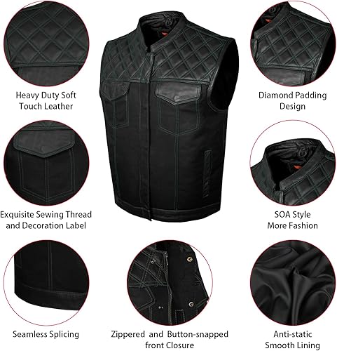 Miniatura 3 de GARGOYLE BELLS Chaleco de moto de mezclilla y cuero para hombre con bolsillos para pistola SOA Biker Club Chaleco con acolchado de diamante para