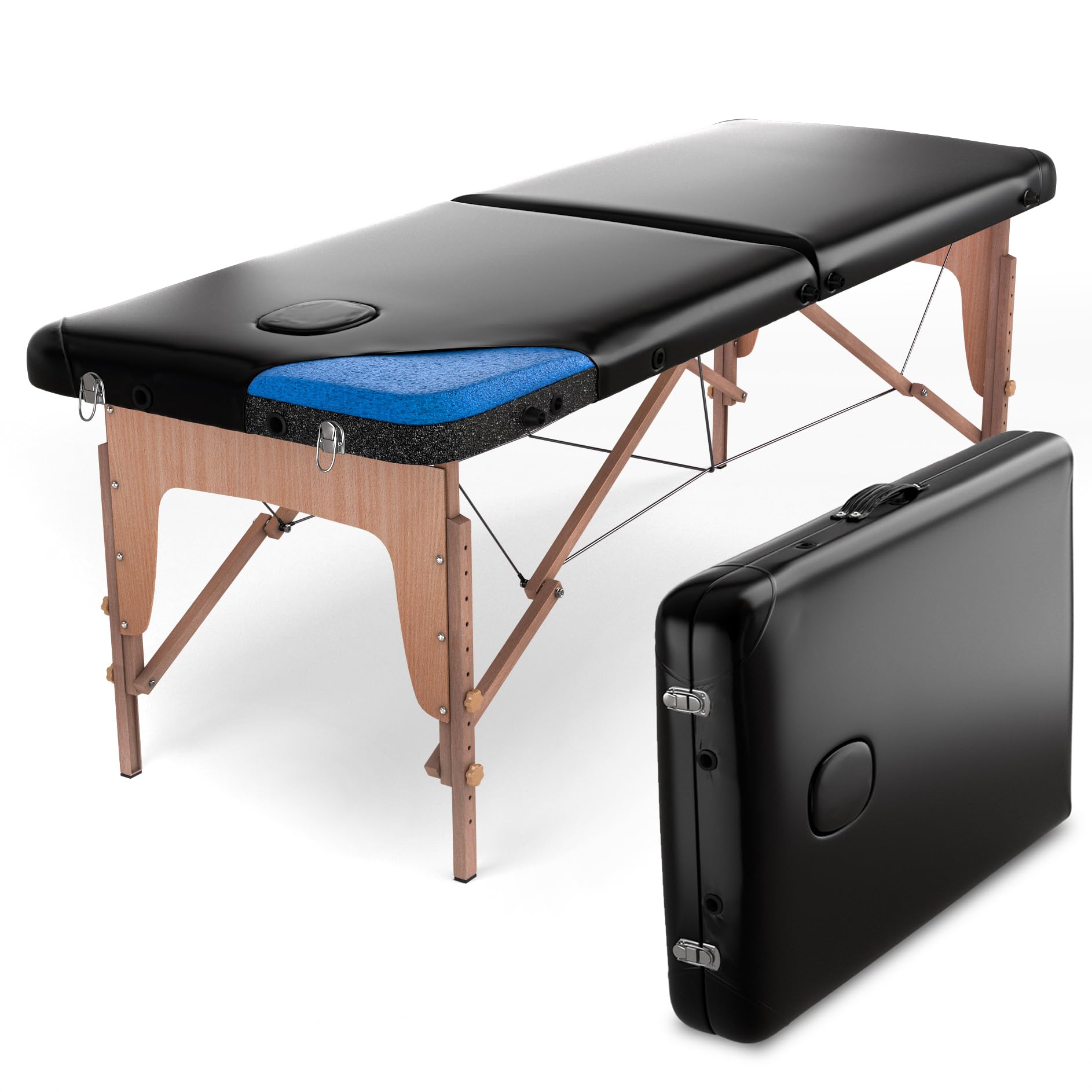 Camilla de Masaje Profesional de Madera, 2 Zonas, 180x56cm, Altura Ajustable 64-84cm, Plegable, Negro