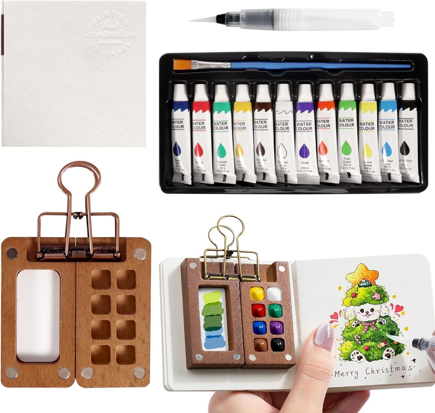Pocket Watercolor Paint Set with 12 x 5 ml Watercolor Paint Tubes, Mini 8-Grid Folding Palette, Water Brush Pen & Portable Sketchbook, Travel Painting Kit for Artists, Students, Beginners, Outdoor Sketching & Journaling-image-20