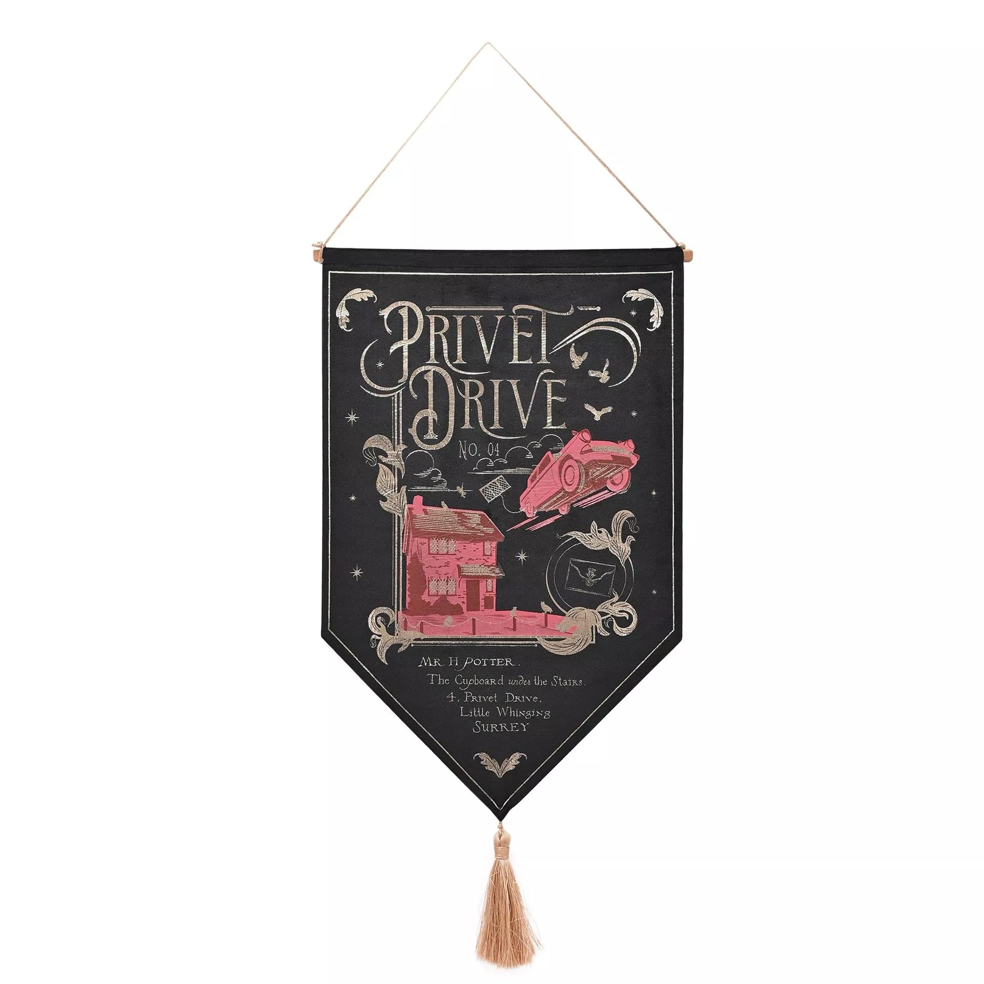 Warner Bros Harry Potter Alumni Banner Privet Drive, Black Wall Hanging with Tassel, Decorative Pennant, Black With Rose Gold Accents