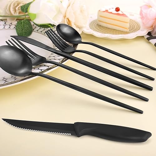 Miniatura 4 de LAZAHOME - Juego de cubiertos negros mate con cuchillos para carne, juego de cubiertos de acero inoxidable para 8, juego de utensilios de cocina de