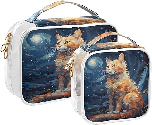 Cat Starry Night - Neceser transparente para viajar, paquete de 2 bolsas de cosméticos de maquillaje con cremallera, bolsa de viaje para artículos