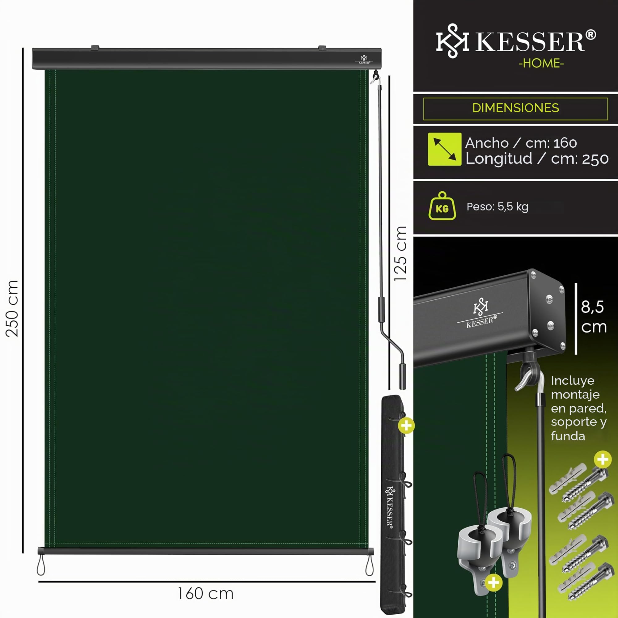 KESSER® Toldo vertical de 160 x 250 cm, con mecanismo de manivela, incluye kit de montaje y cubierta, protección solar con manivela para balcón y terraza