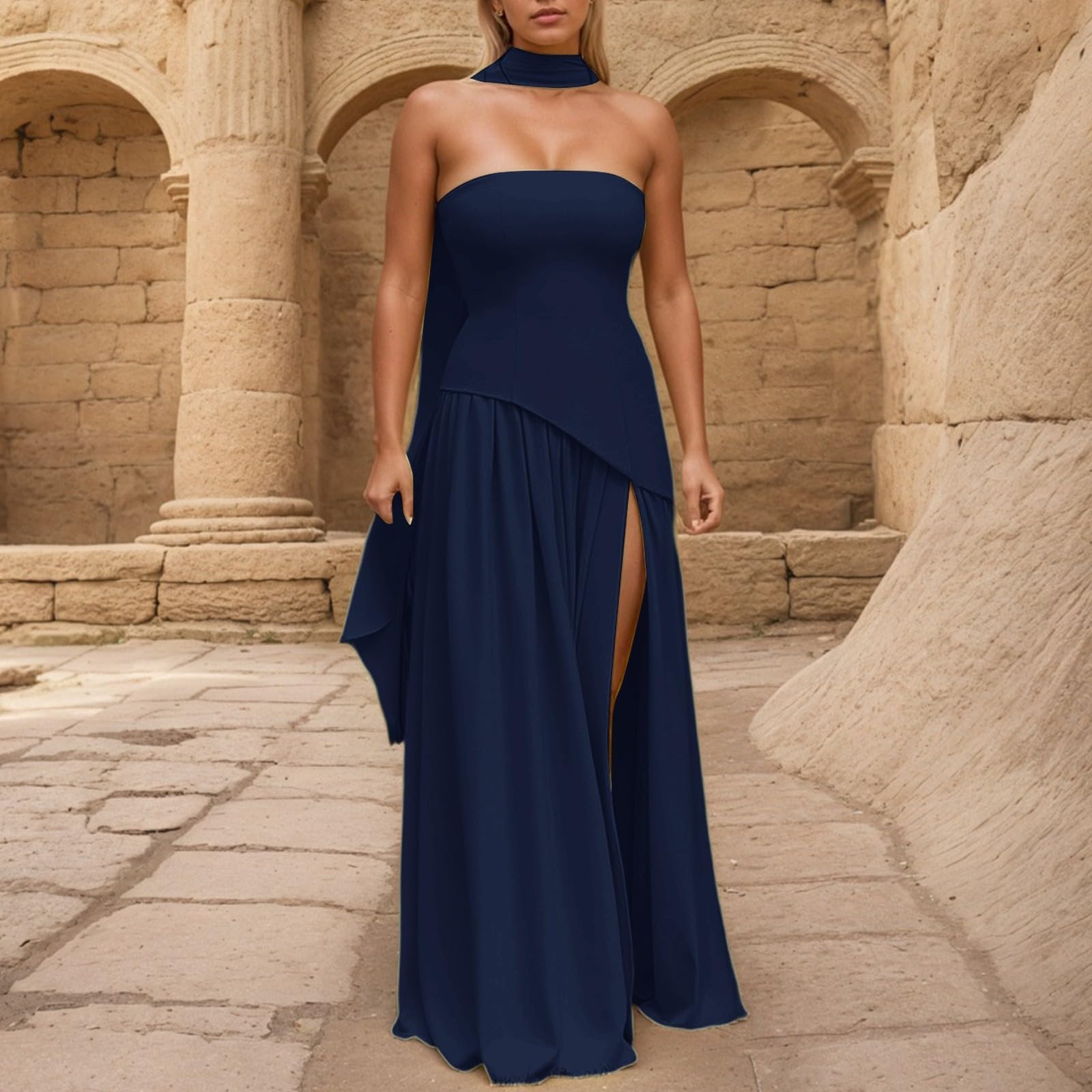 Robe de Cocktail pour Femme Maxi Robe Sexy à Épaules Dénudées Robes Longue Chic et Elégant Robes Vintage A-Line Swing à Plis pour Fête Soirée Bal Promo Cérémonie Mariage Invité