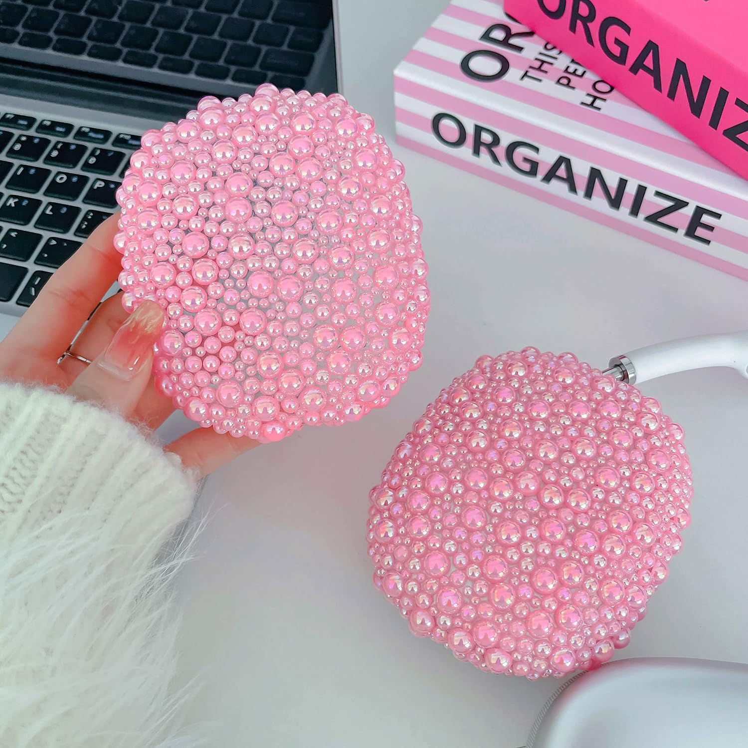 Glitter Pearls Case Cover for AirPods Max Headphones with Cleaner Pen Girls, Soft Handmade Beads TPU Ear Cups/Ear Pad/Headband Case Cover Silicone Protector for Apple Air Pod Max Accessories, Pink