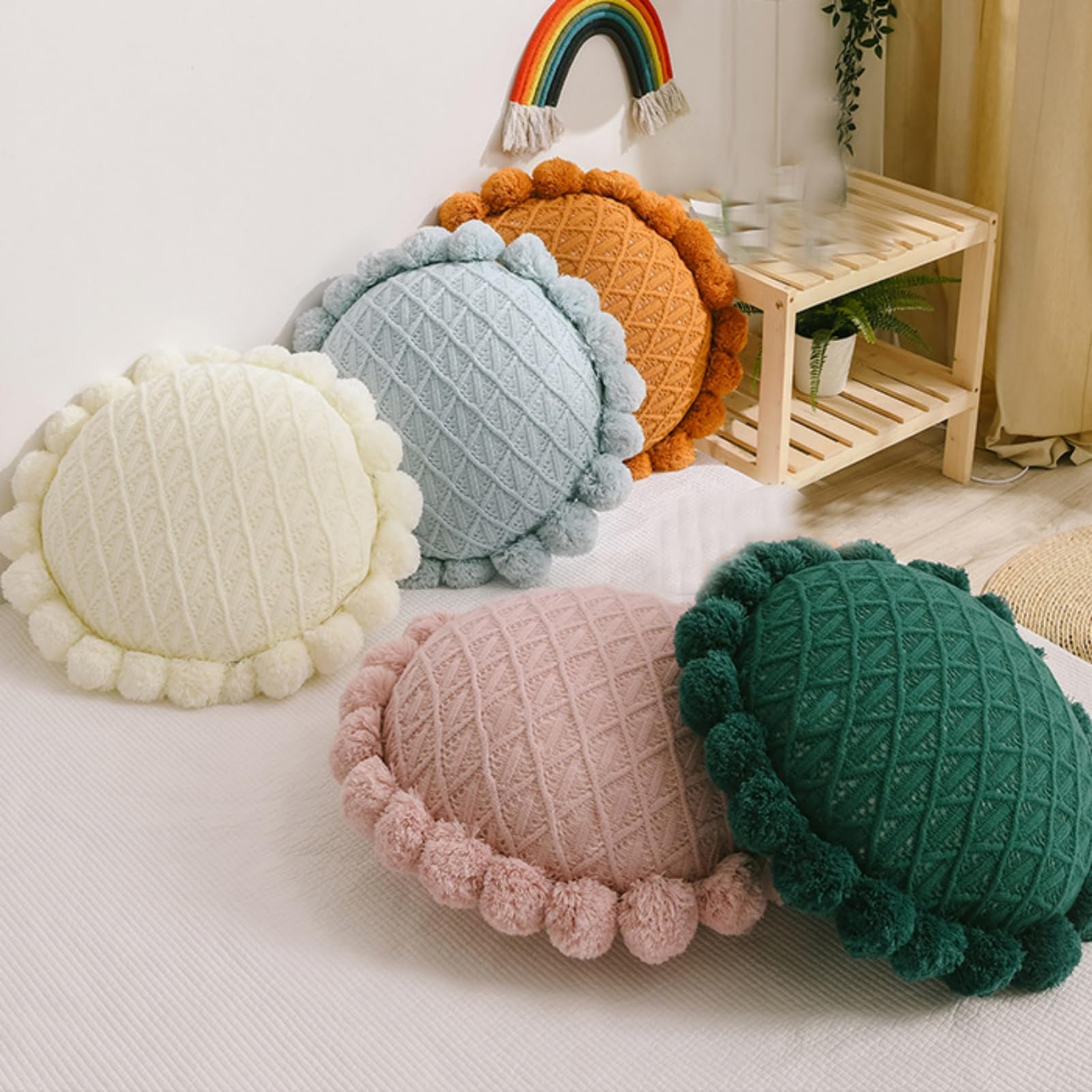 Runde Einfarbige Strick-Pompoms, Kissen-Dekorationskissen, Sonnenblumenkissen-Wurfkissen mit Einsatz für Sofa-Sofa-Bett, 50CM (Dark Blue)