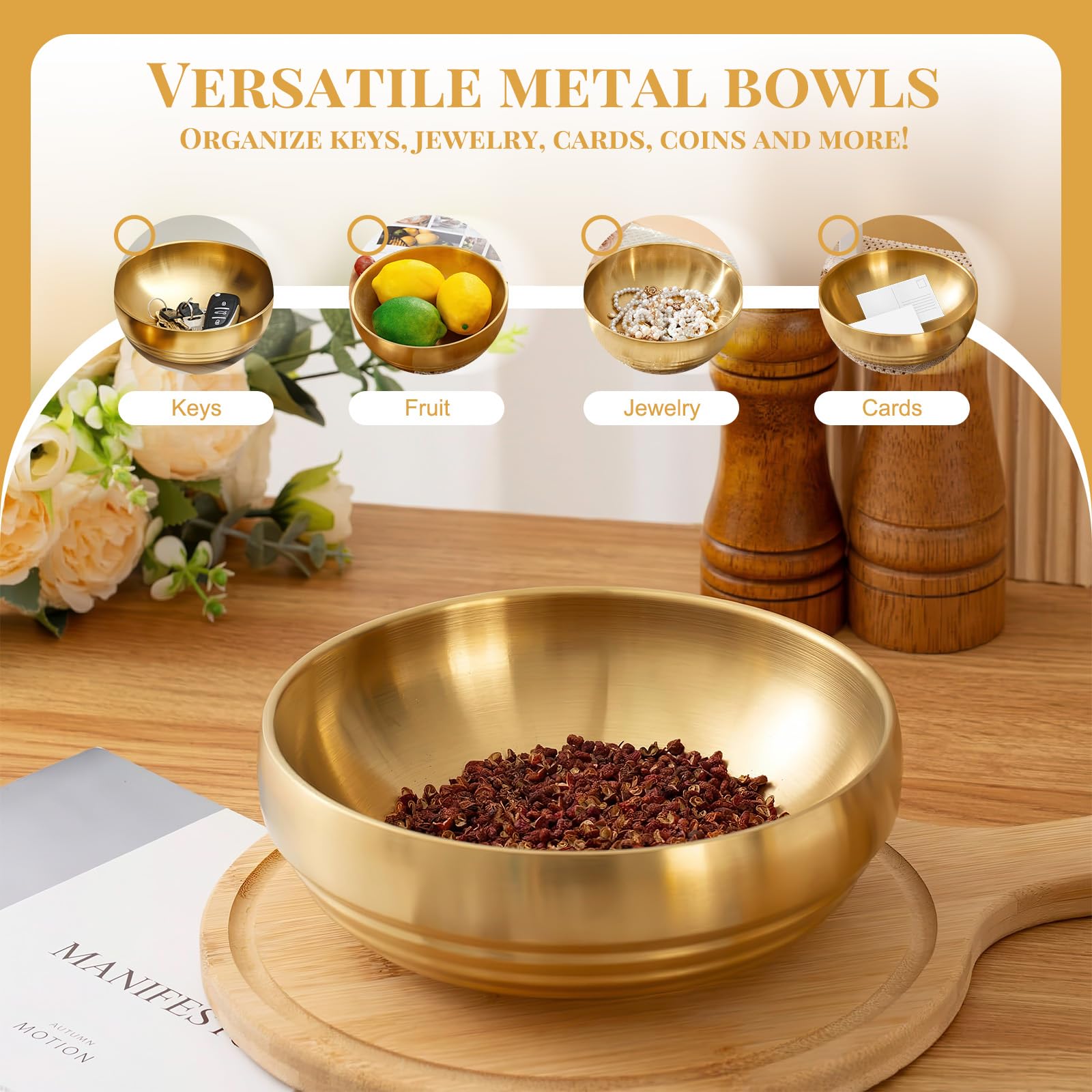 Paquete de 2 cuencos decorativos de acero inoxidable dorado, 7.2 pulgadas de metal para mesa de entrada, decoración del hogar, plato moderno para llaves para mesa de café, encimera de cocina, mesa
