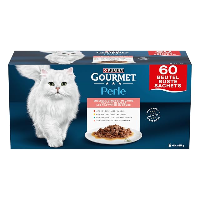 Purina Gourmet Perle Delicias en Salsa, Comida Húmeda para Gato con Pollo y Buey, 60 sobres de 85g