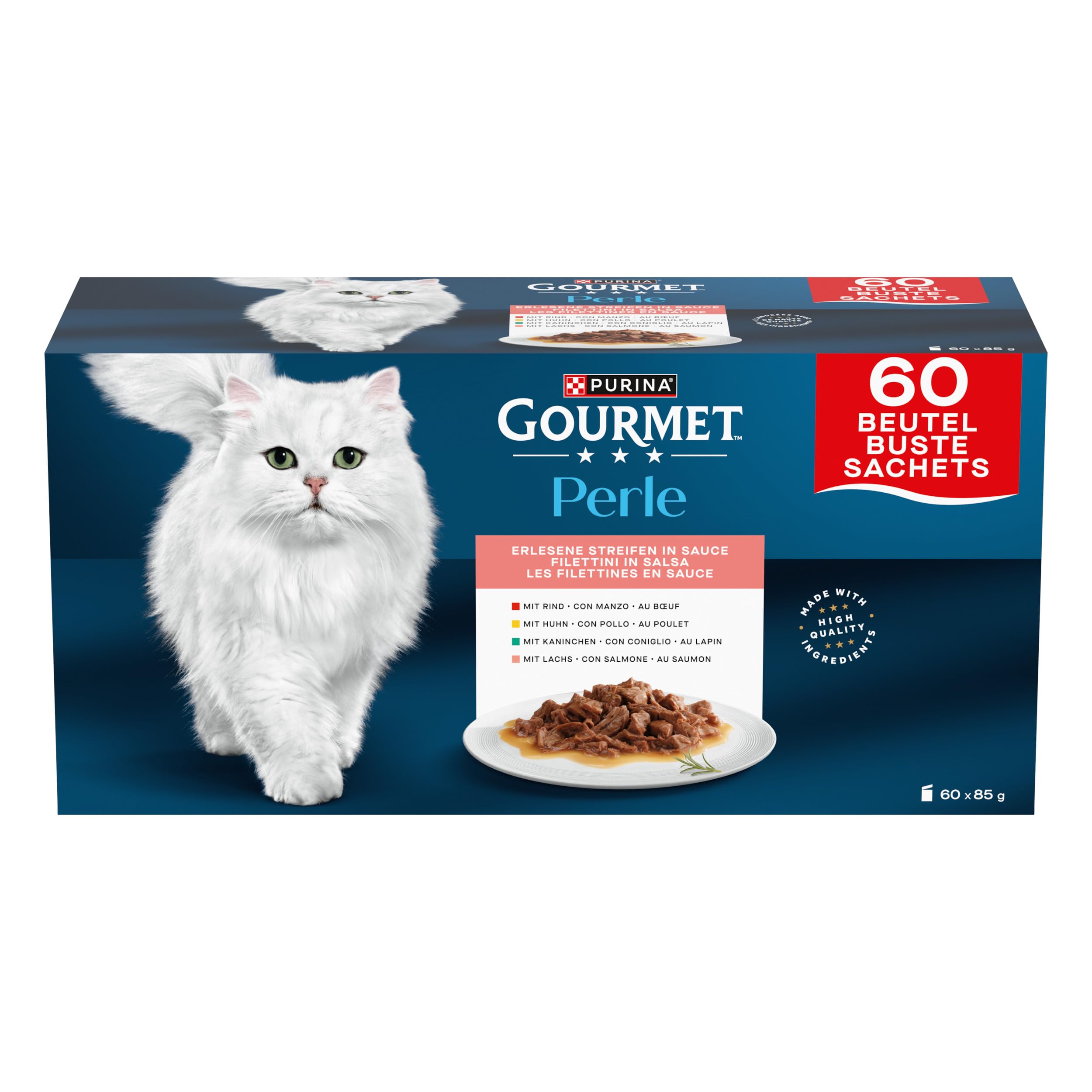 Purina Gourmet Perle Delicias en Salsa, Comida Húmeda para Gato con Pollo y Buey, 60 sobres de 85g