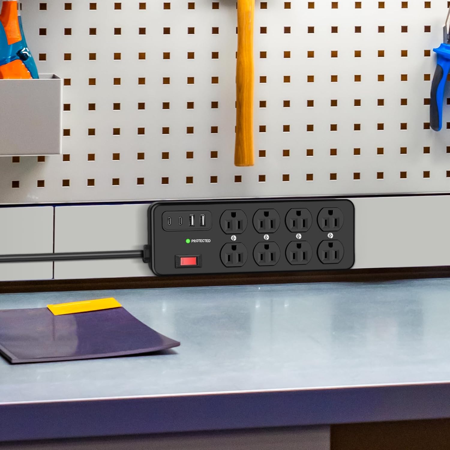 Heavy Duty Power Strip with USB,8 Outlet Workshop Metal Power Strip,PD20W USB C 15A 1200 Joules Surge Protection,Wide Spaced,10FT Cord