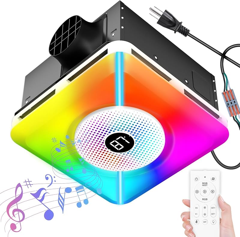 Bathroom Exhaust Fan with Bluetooth Speaker and Light, Plug & Play Installation, 230 CFM/1.5 Sone Bathroom Vent Fan, 7 RGB Lighting and 3 Music Rhythms, Remote Control, 3000K-6500K Adjustable