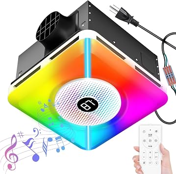 Bathroom Exhaust Fan with Bluetooth Speaker and Light, Plug & Play Installation, 230 CFM/1.5 Sone Bathroom Vent Fan, 7 RGB Lighting and 3 Music Rhythms, Remote Control, 3000K-6500K Adjustable