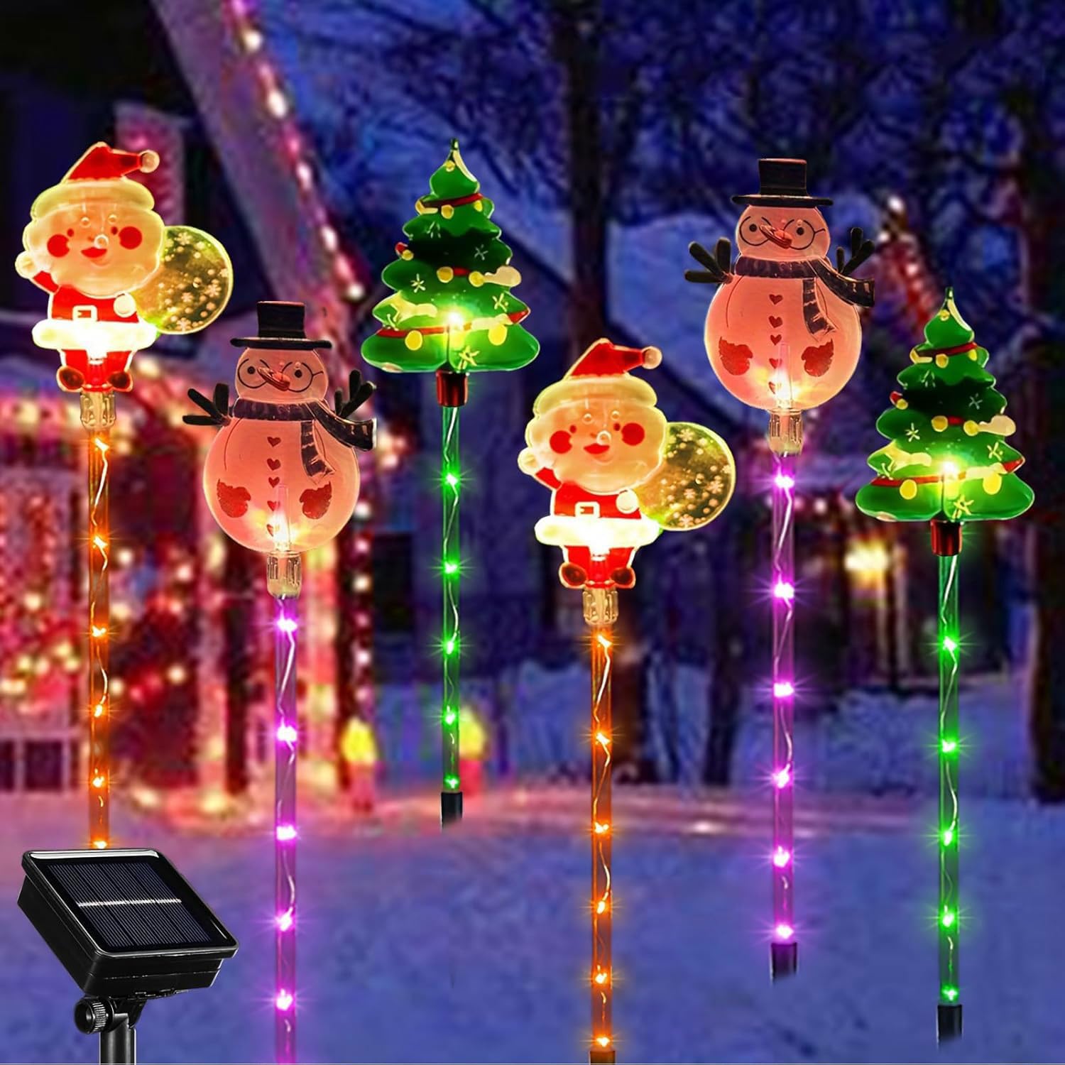 6-Pack of Moving Christmas Lights, Christmas Figurine Lights Outdoor Decorations, LED Outdoor Solar Xmas Decorative Lights, Waterproof Solar Xmas Tree Santa Snowman Lights, 8 Color Light Modes (C)