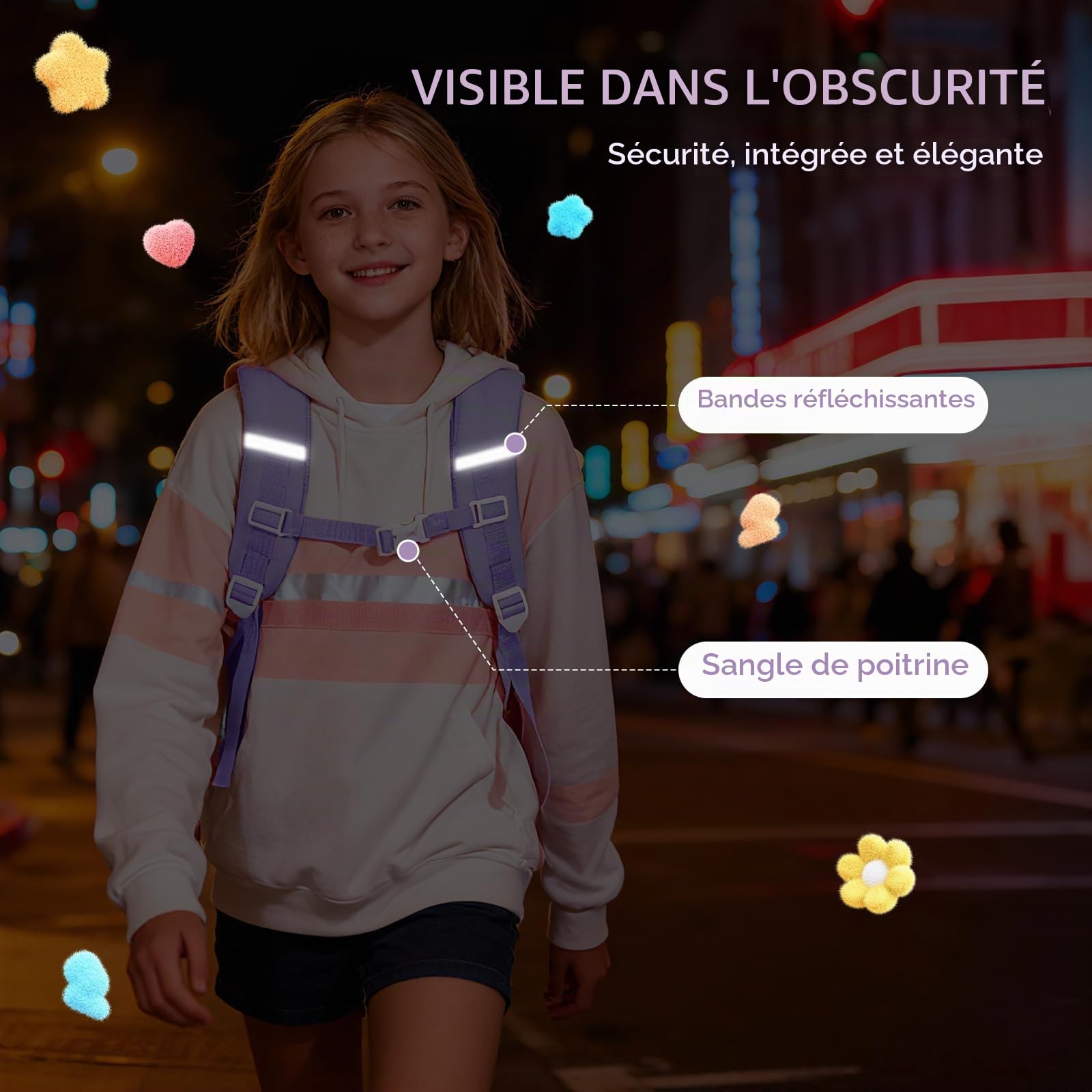 Amythe Sac à Dos Fille Kawaii, Cartable Scolaire Ado 24L, Cartable pour Fille Primaire Collège avec Réflecteurs (9-16 Ans), Sac D'école Enfant pour École Voyage et Loisirs, Violet