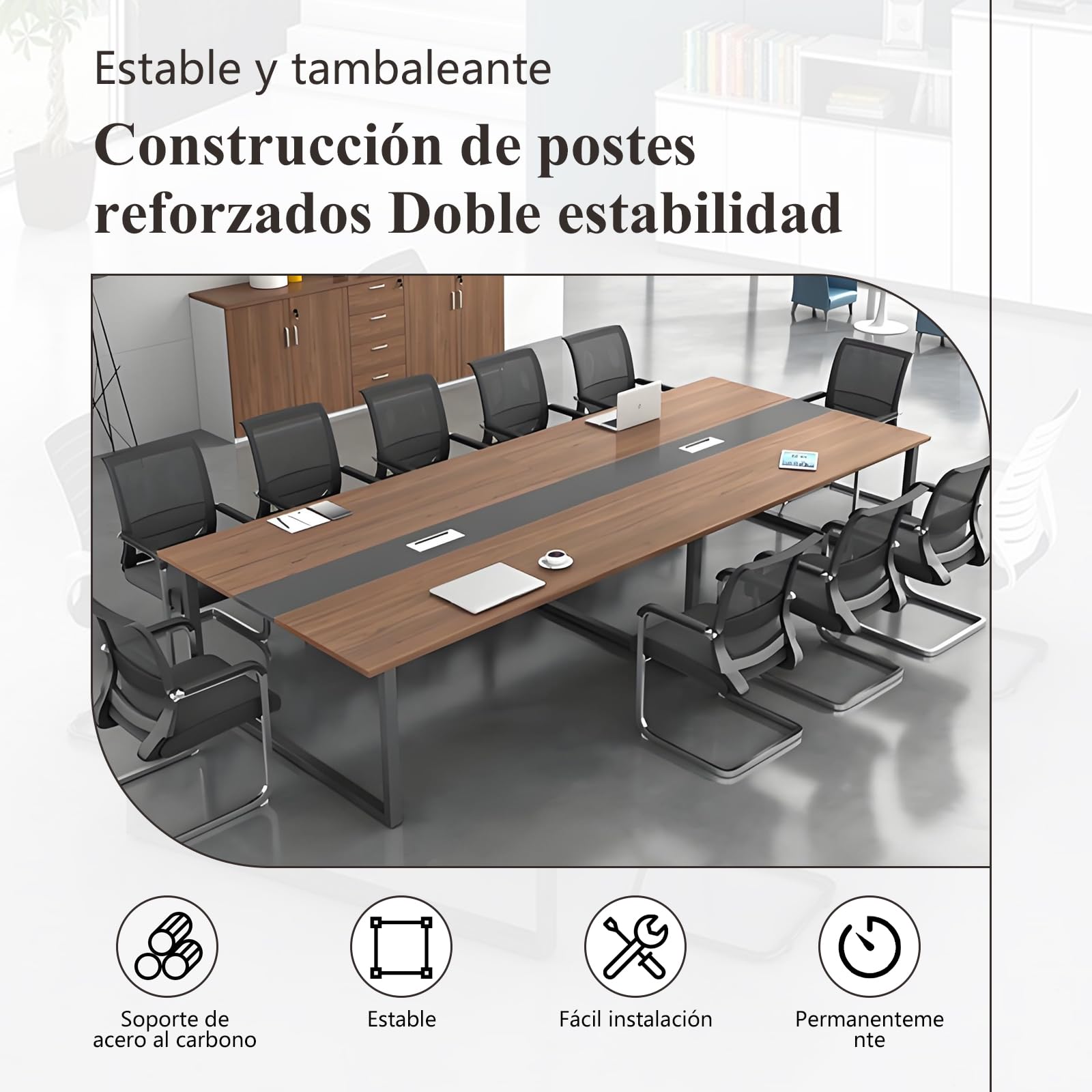 Mesa de Conferencias Grande – Mesa de Reuniones Moderna para Oficina con Pasacables,Estructura Metálica Robusta,Diseño Rectangular Negro-Blanco para 8–12 Personas (sin sillas)
