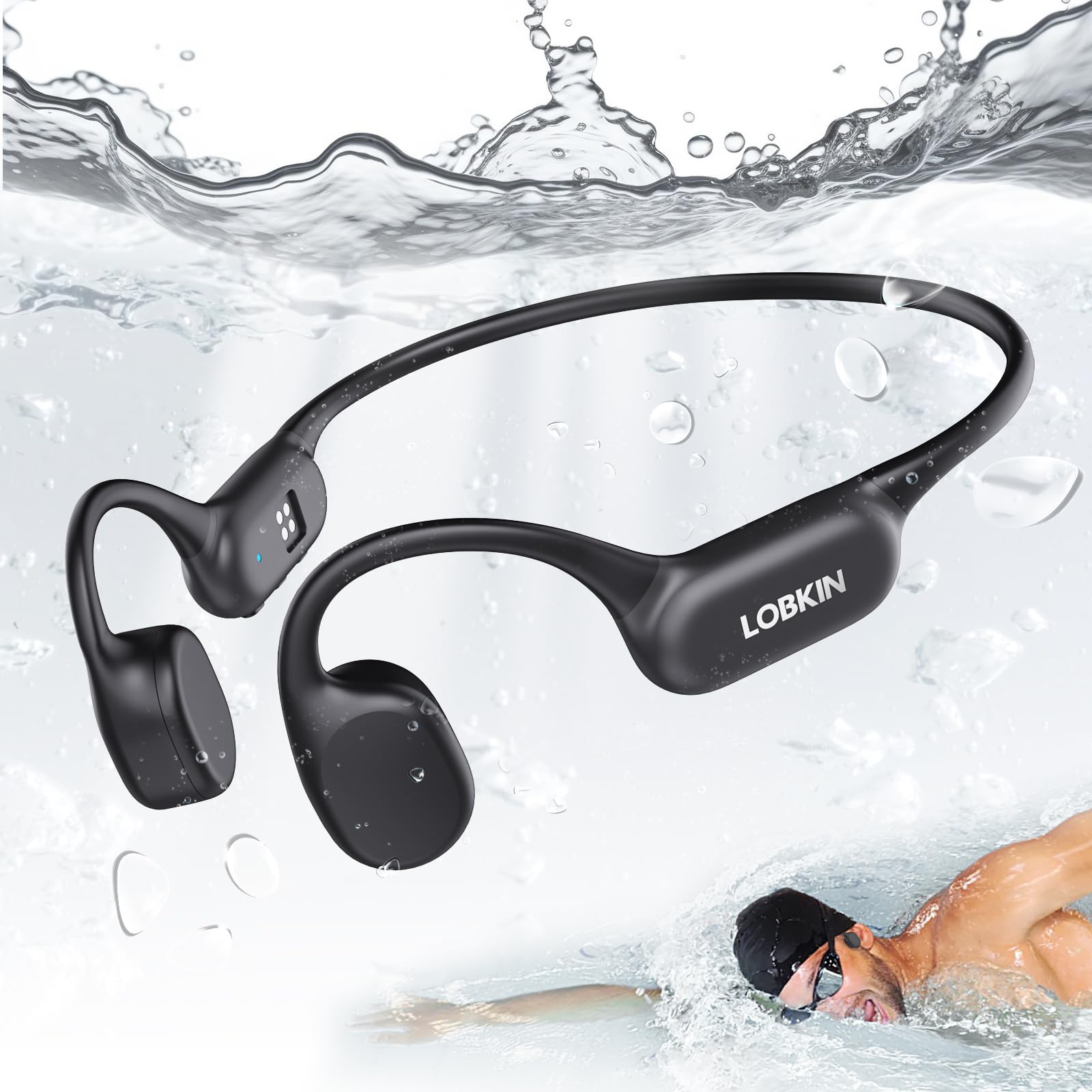 LOBKIN X18 headphones being used underwater with text IPX8 Waterproof & 32GB Offline MP3 Mode