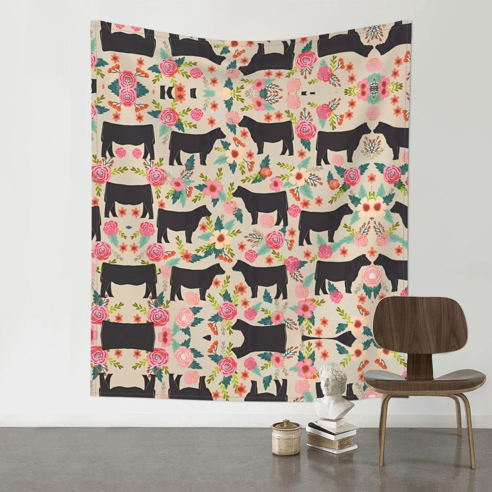 WHJSSF Pink Flower Show Steer Cows Cattle Prints Wall Tapestry 60x51in - Boho Decor Throw for Bedroom, Dorm, Picnic & Outdoor Adventures