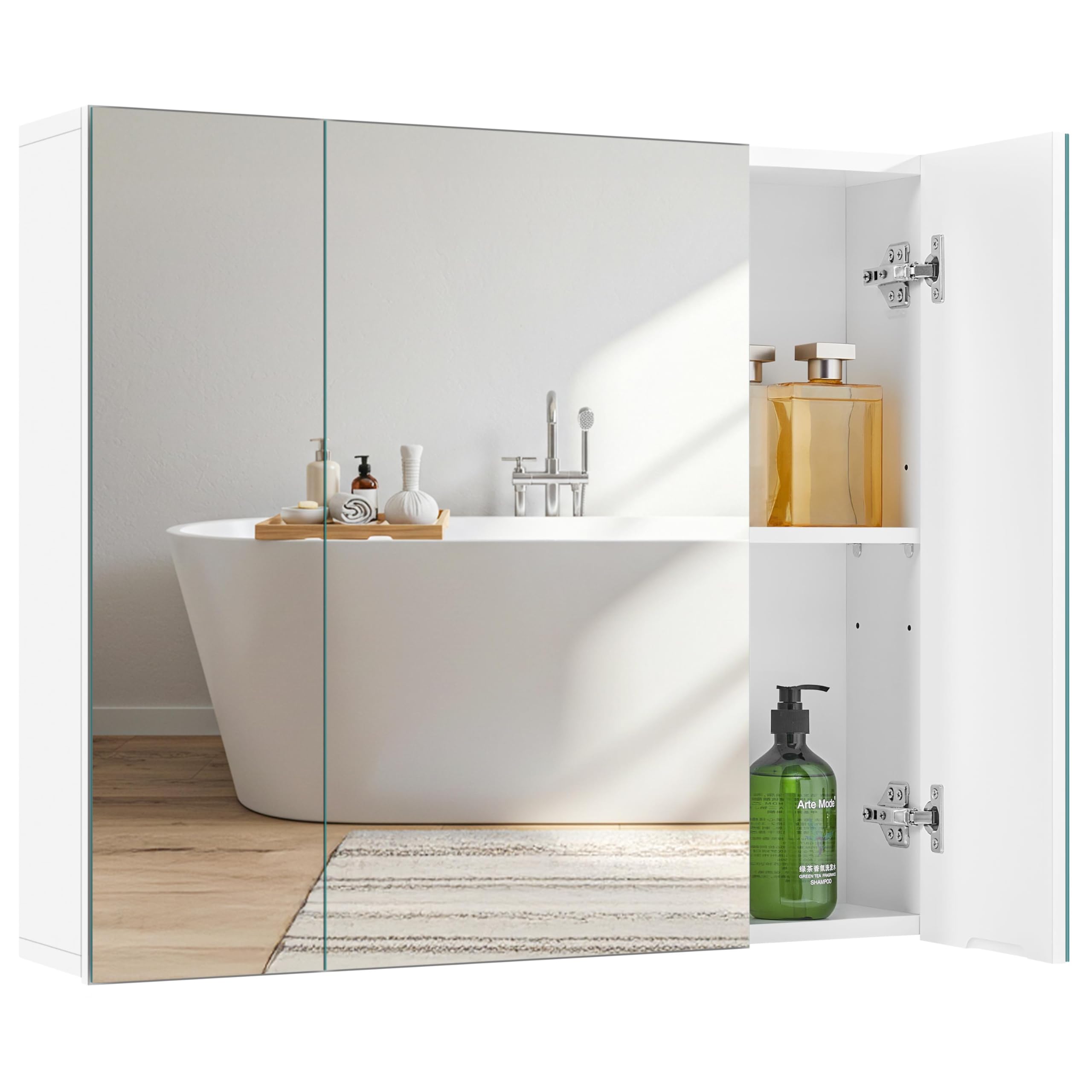 Yaheetech Bathroom Mirror Cabinet with 3 Doors, Wall Mounted Medicine Cabinet with Adjustable Shelf, Storage Cupboard for Living Room, Laundry Room, Mudroom, White