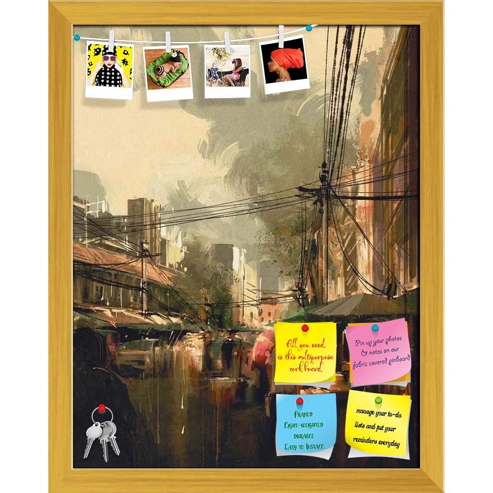 ArtzFolio Market Street Colorful Cityscape Bulletin Board Notice Pin Board | Vision Soft Board Combo with Thumb Push Pins | Golden Frame 20 x 25.3 inch (51 x 64 cms)