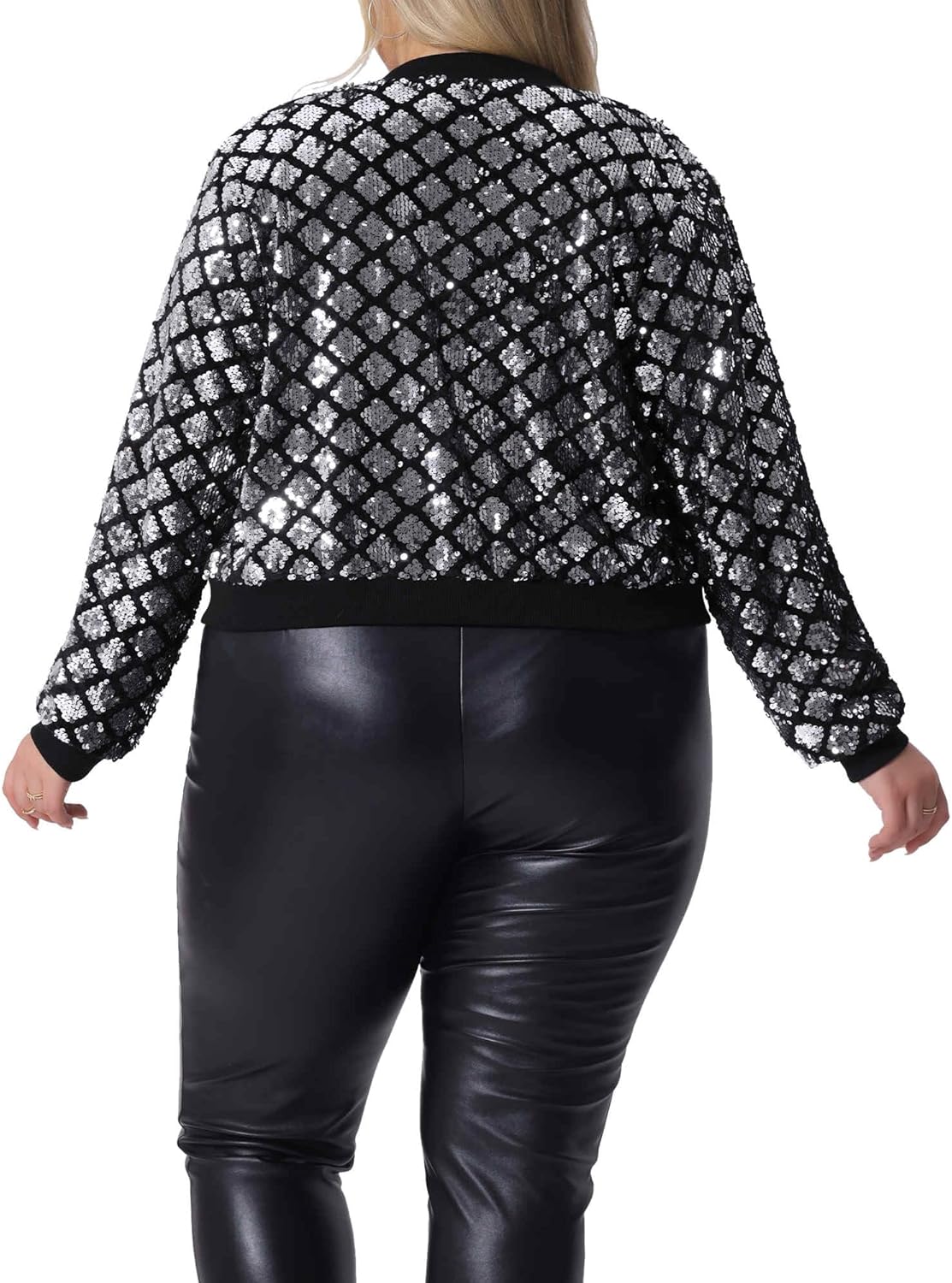 Agnes Orinda Plus Size Sequin Bomber Jacket for Women Zipper Long Sleeve Party Sparkle Metallic Jackets