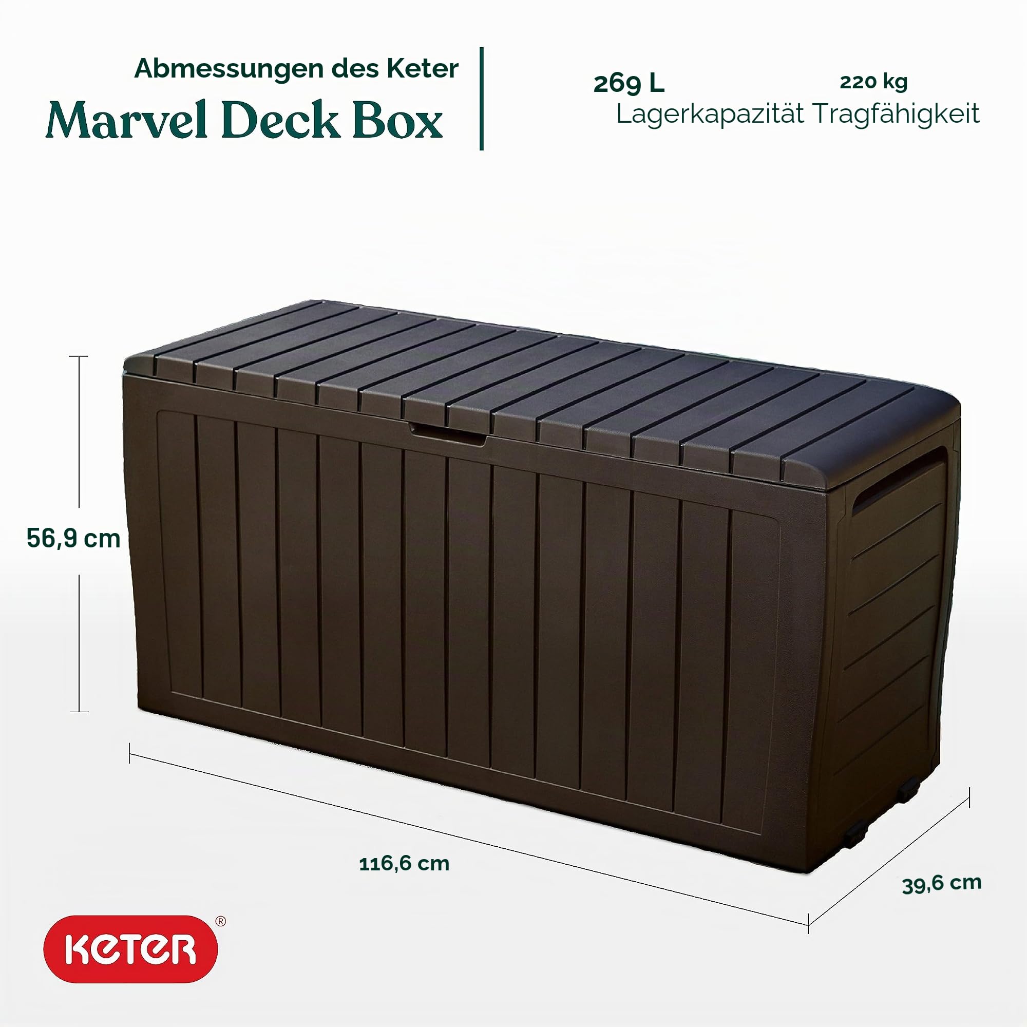 Keter Marvel Plus Aufbewahrungsbox für den Außenbereich, aus Kunstharz, für Terrasse, Kissen, Wurfkissen, Gartengeräte und Pool-Schwimmer, Braun