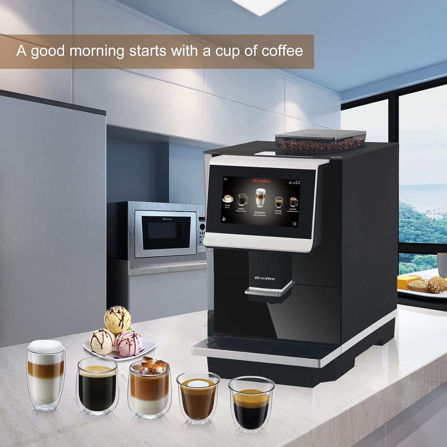 DR.COFFEE C12 Fully Automatic Coffee Machine, Espresso Machine With Ceramic Flat Burrs, 9 Grind Size Options, 7” HD Large Touchscreen, 4 Water Tank for Office Use