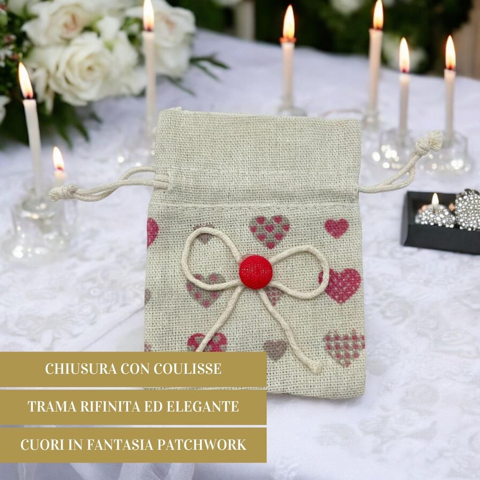 12 Sacchetti Portaconfetti In Juta Color Crema Con Cuore In Gesso E Fiocco – Per Bomboniere, Matrimoni E Battesimi (8 X 10 Cm)