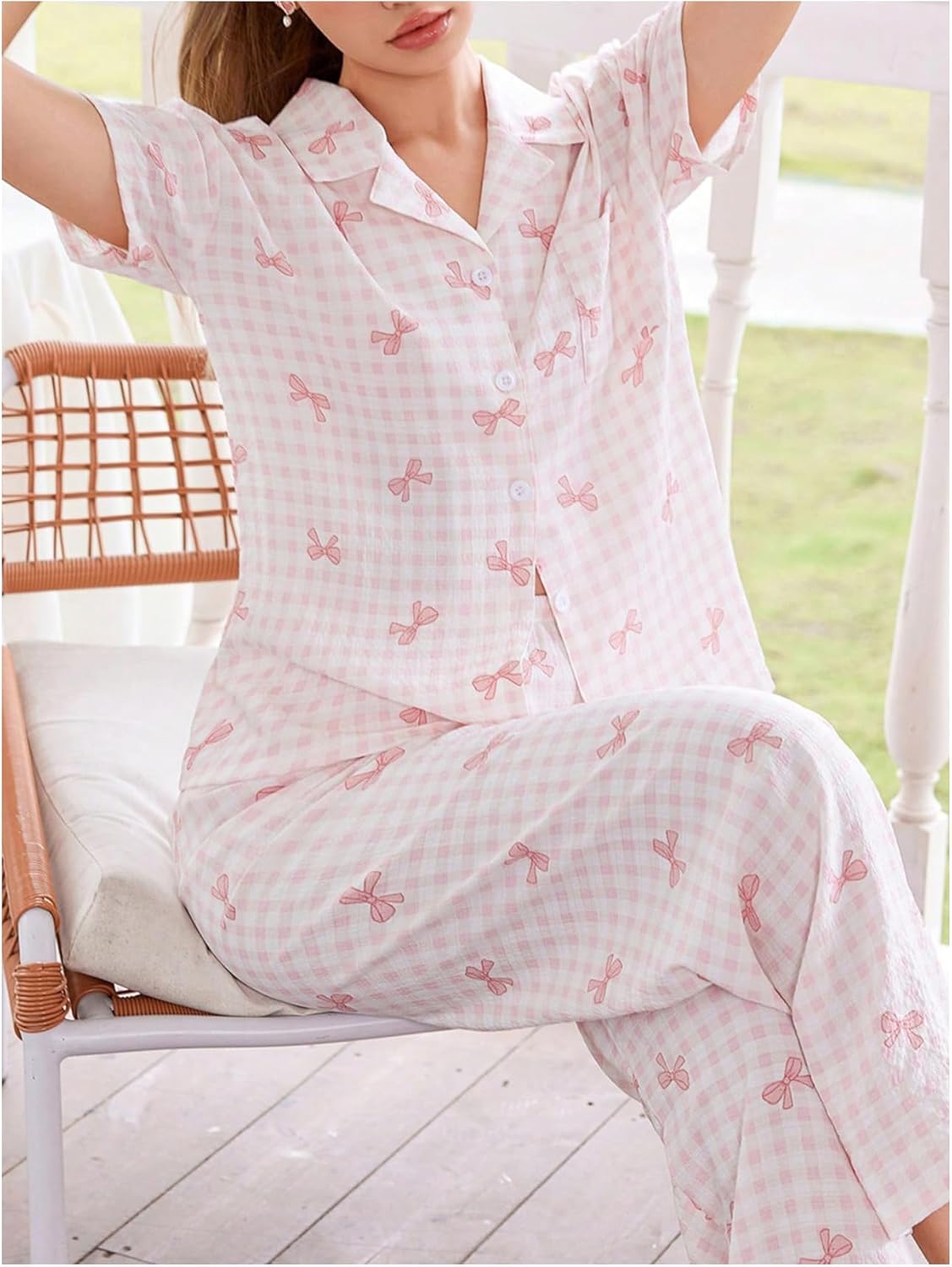 SHENHE Women's Bow Pajamas Button Down Short Sleeve Pjs Pants Set Coquette Loungewear - Image 3