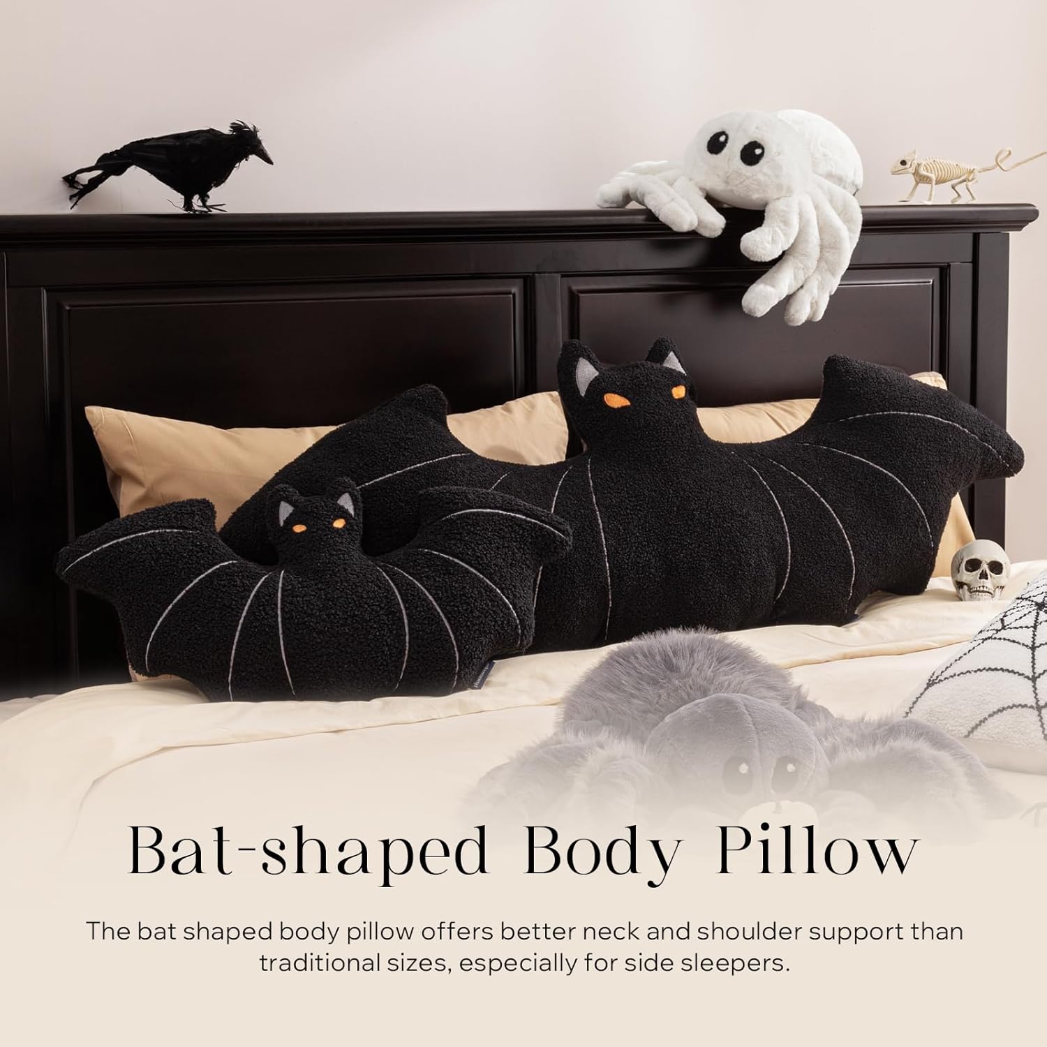 Phantoscope Happy Halloween Bat Shaped Throw Pillow, Large Body Pillow Teddy Fleece Embroidery Decorative Fall Decorative Halloween Pillow for Couch, Sofa, Bed, Black 22 x 48 inches