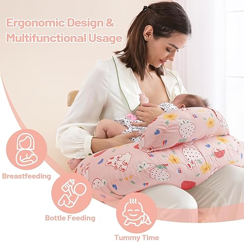 Miniatura 2 de Almohada de lactancia para lactancia materna, funda de algodón extraíble con patrones de animales, lavable a máquina, patrón de fresa (rosa caramelo)