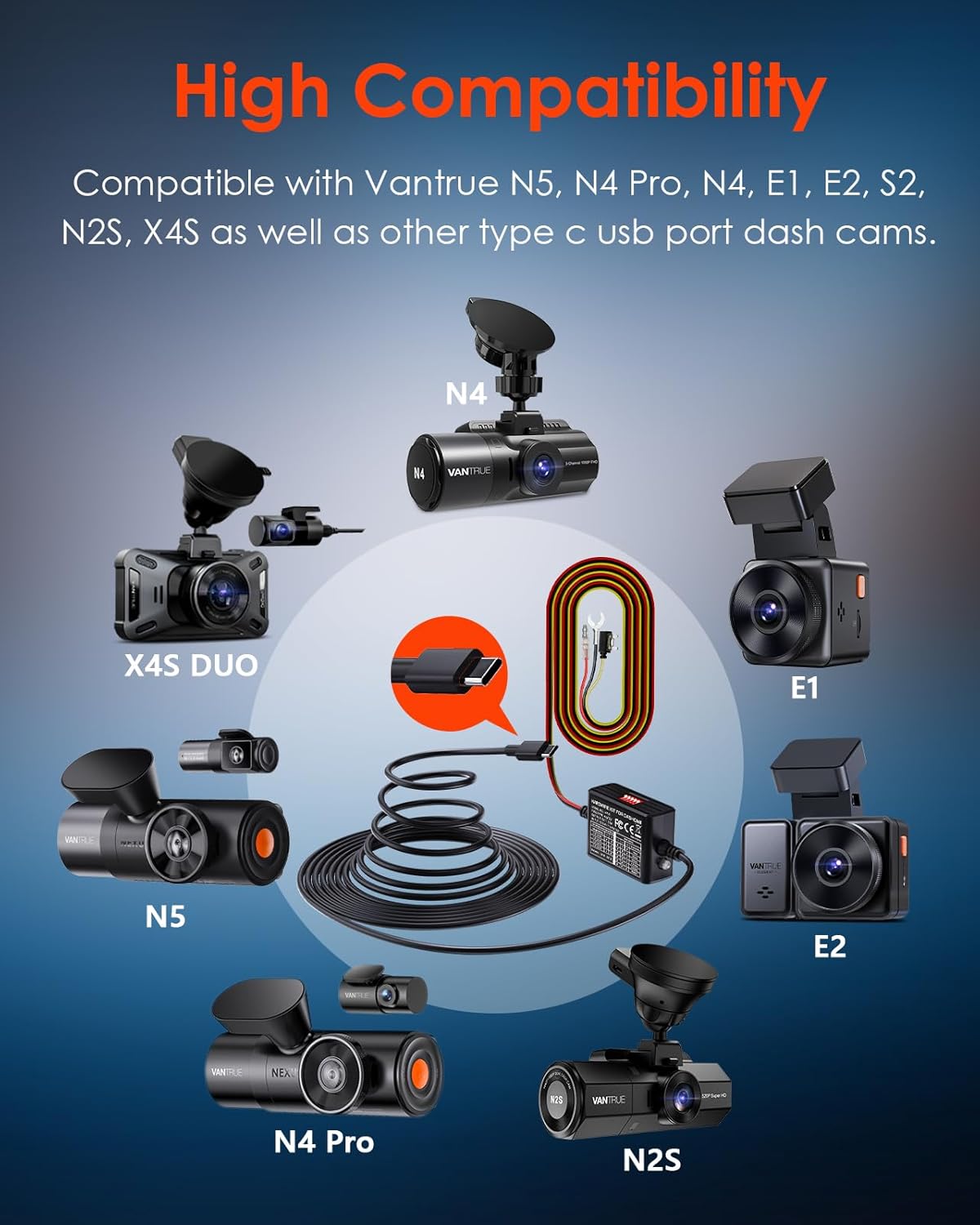 Vantrue 3-Lead Acc Hardwire Kit for Dash Cam, 5 Low Voltage Protection Options with Shifting Gear for Parking Mode, 14.8ft Type C USB 12V-24V to 5V for N4,N4 Pro,N5, E360, S1P,N2X,E1,E2,E3