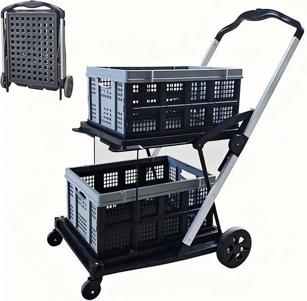 Collapsible Shopping Cart with Wheels,2 Tier Multi Use Folding Shopping Cart with 2 Storage Crates,Foldable Shopping Trolley Utility Cart for Office,Groceries, Warehouse,Supermarket,Picnic (Grey)