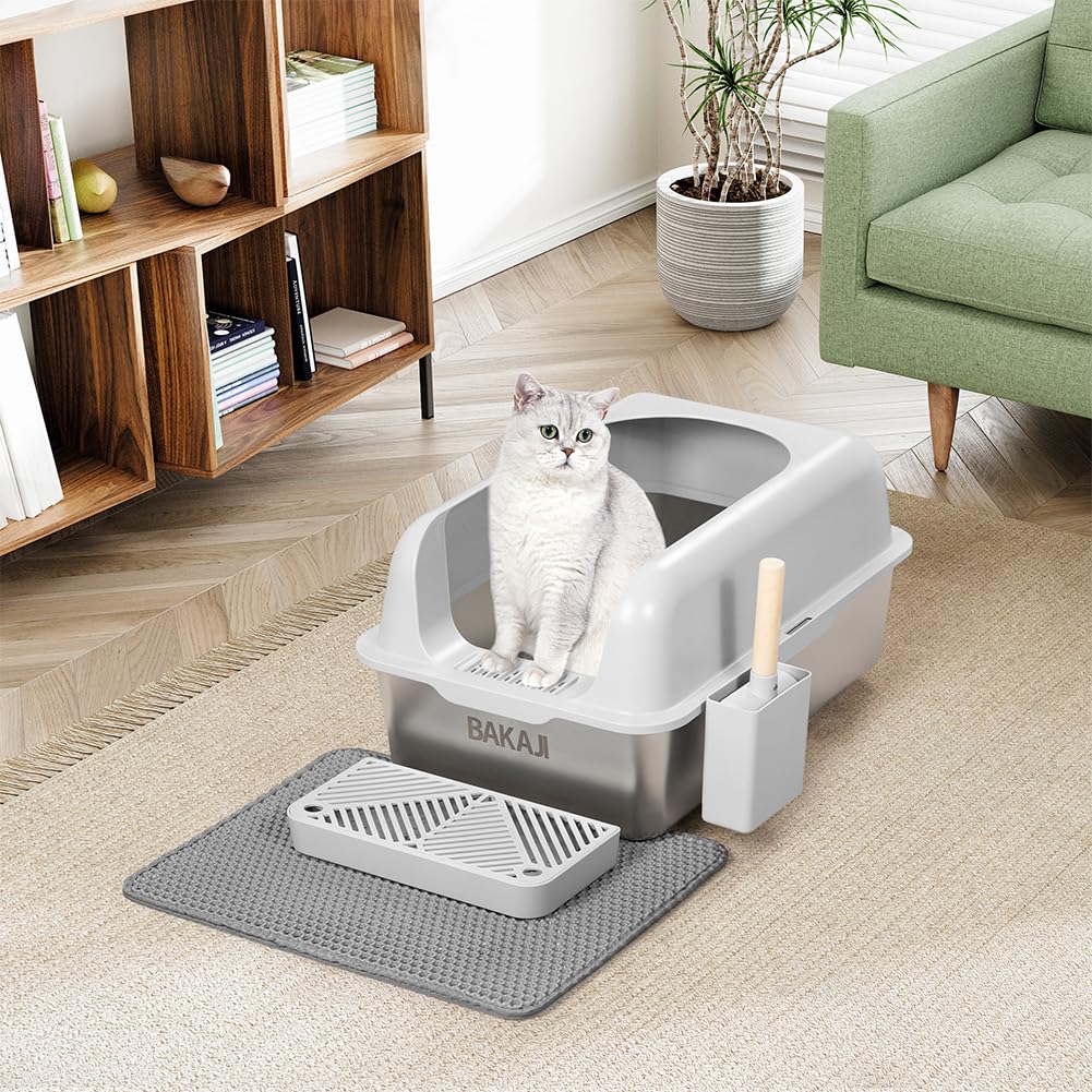 BAKAJI XXL Katzentoilette mit Stahlfuß mit Rand und sandabweisender Trittfläche, Auffangschaufel mit Behälter und Schmutzmatte, Rutschfester Boden, Fassungsvermögen 35 Liter, 60 x 40 x 30 cm
