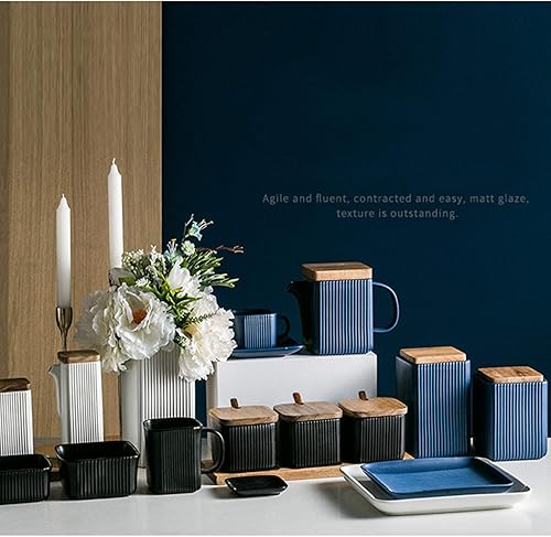 Miniatura 4 de Recipiente de porcelana negra para condimentos y sal con tapa de madera, cuchara y bandeja, tarro moderno para condimentos, juego de 3