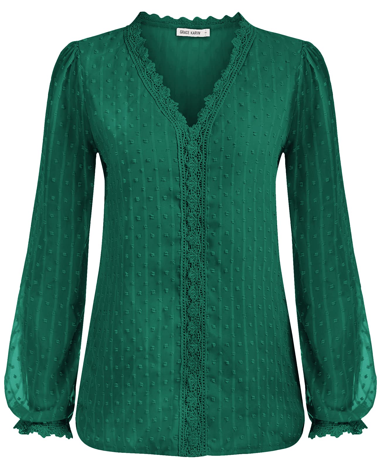 Women's Long Sleeve V Neck Lace Swiss Dot Tops Casual Chiffon Shirts Loose Blouse