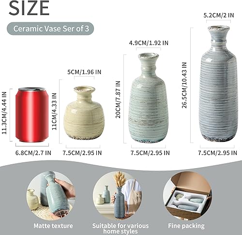 Miniatura 2 de Juego de 3 jarrones de cerámica neutros rústicos para decoración del hogar, florero decorativo de granja, moderno y bohemio para mesa, mantel de