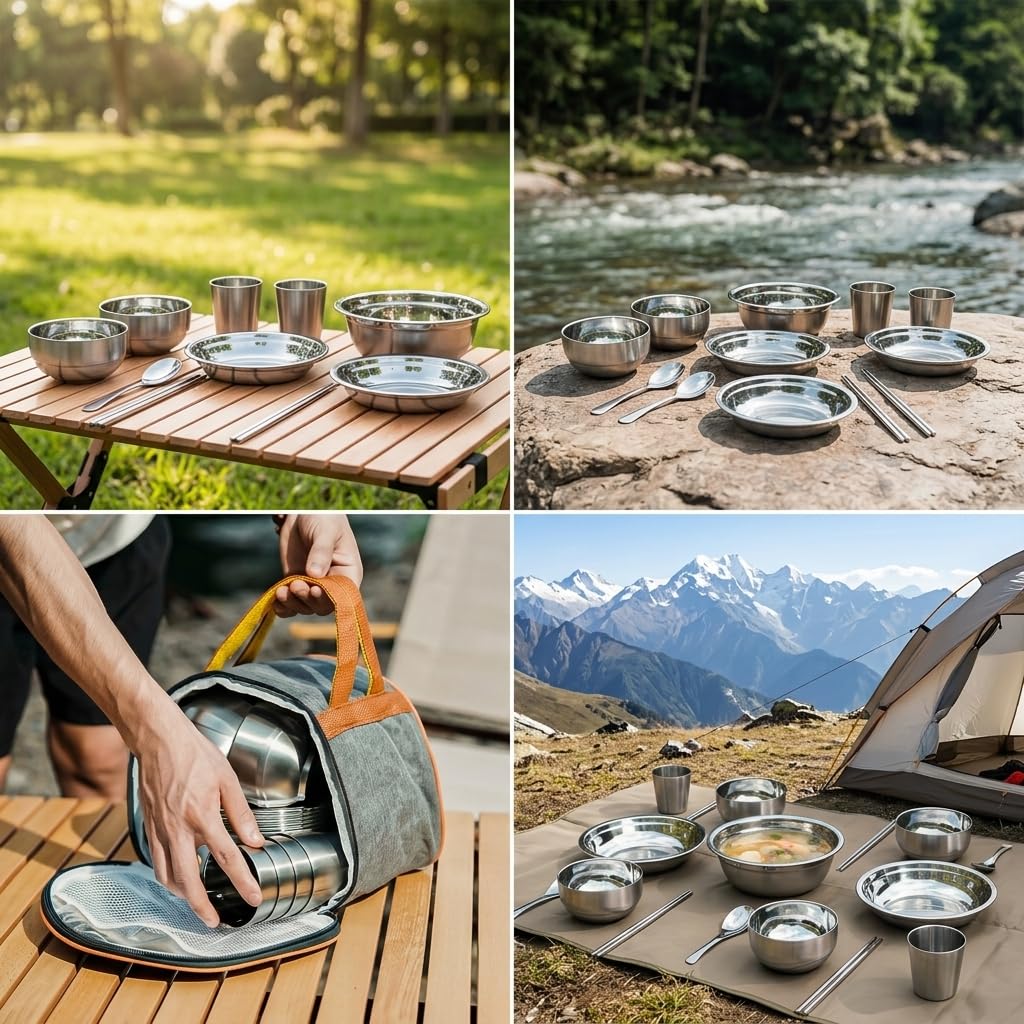 Camping Geschirr Set aus Elstahl, tragbares Outdoor Besteck Set für und Picknick, 11-teiliges Set aus Edelstahl