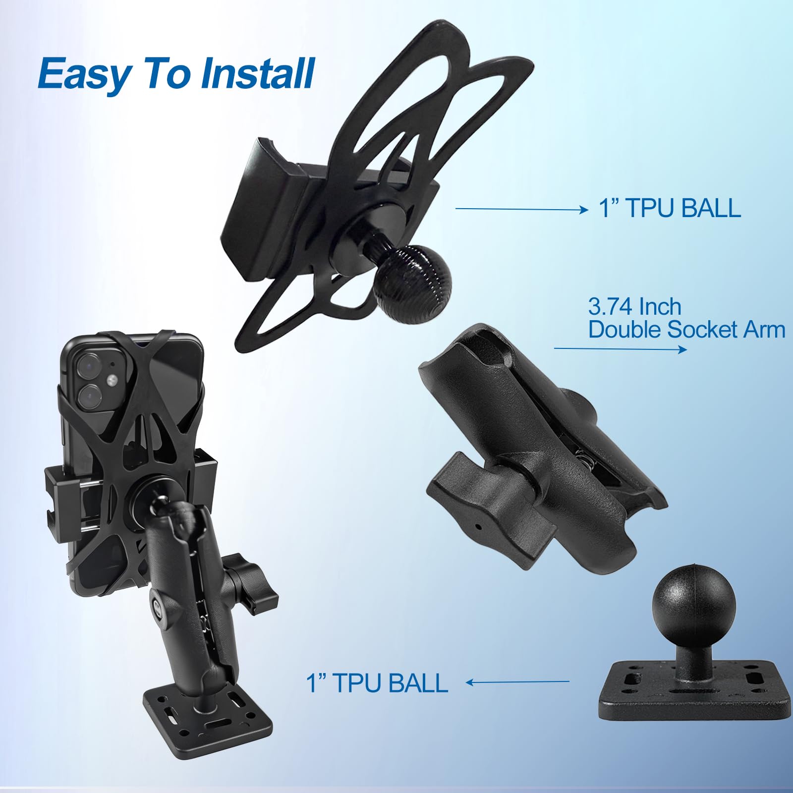 Support de téléphone entièrement en métal pour voiture, camion, bateau, moto et UTV | Base de rechange ampères en aluminium, bras moyen et support de téléphone boule de 2,5 cm | Protection