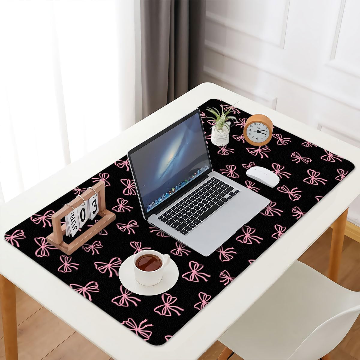 Cute Pink Bow Black Extended Gaming Keyboard Mouse Pad, Non-Slip Leather Home Office Desk Mat Protector, Laptop Desk Pad Writing Pad