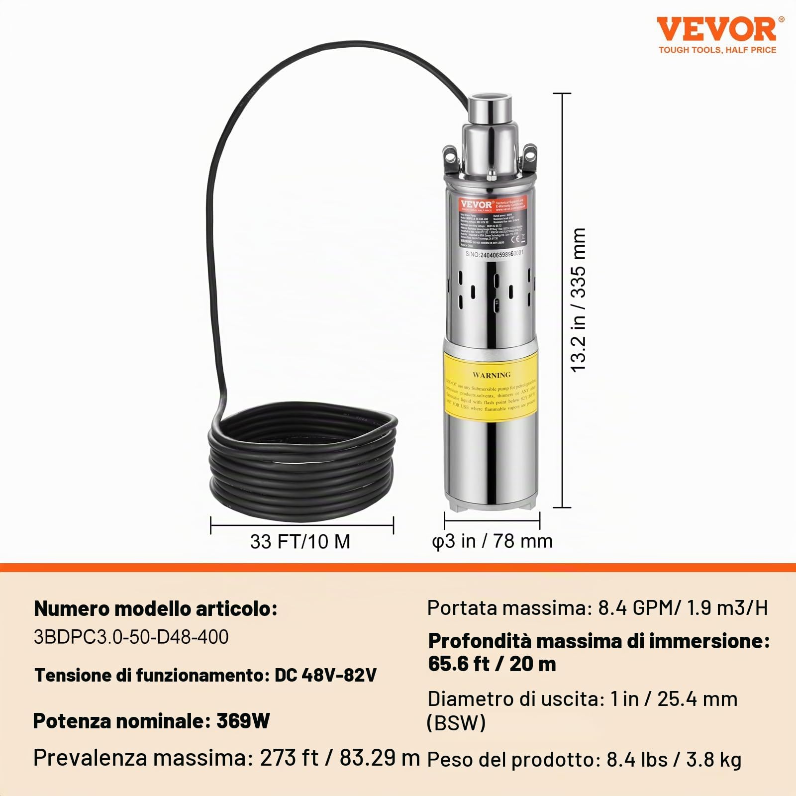VEVOR Pompa Sommergibile Solare 369 W Pompa Sommergibile per Pozzi Profondi 48 V CC Portata 1,9 m³/h Prevalenza Massima 83,29 m Immersione Massima 20 m Irrigazione di Pascolo, Abbeveraggio Bestiame