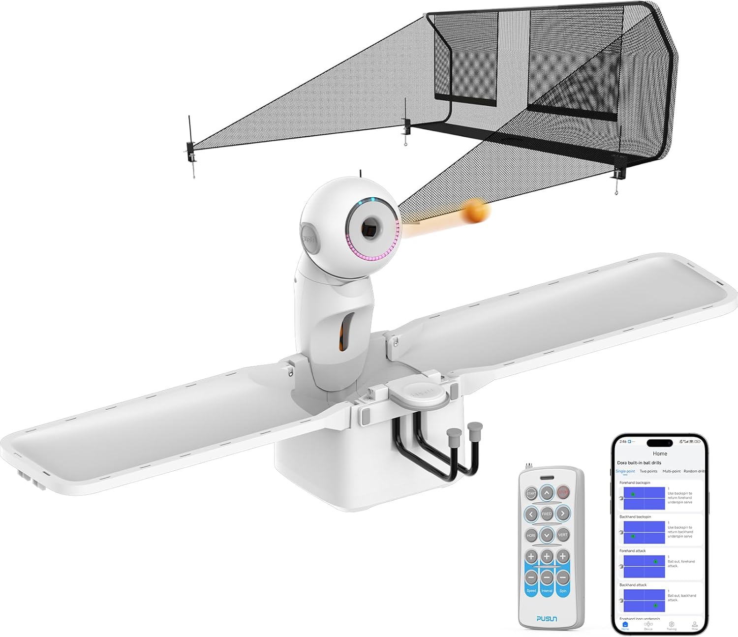 Table Tennis Robot, PUSUN Ping Pong Machine with Ball Recycling Facility, Built-in Preset Training Drills, Smart App Control, Real-time Spin/Speed/Landing Point Adjustment,Easy to Install