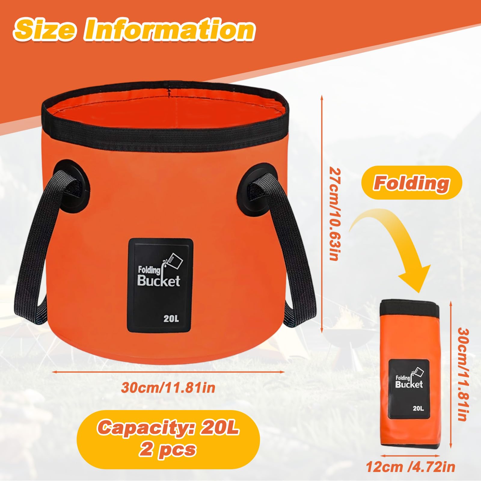 2 Pezzi Secchio Acqua Pieghevole 20 L, Contenitore Portatile Multifunzionale, Secchio Lavaggio Esterno Portatili per Campeggio, Viaggiare, Escursionismo, Pesca, Nautica (Arancione)