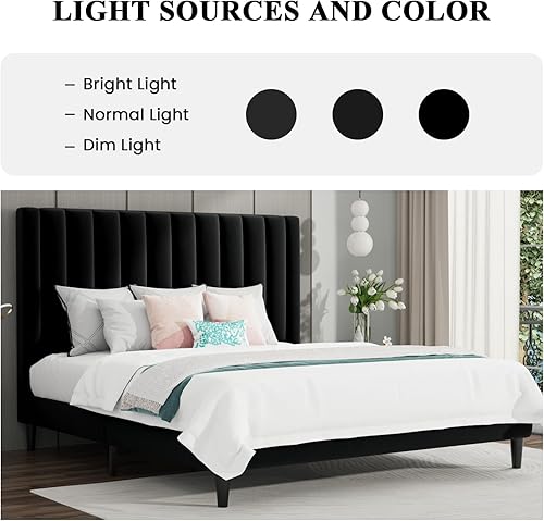 Miniatura 34 de SHA CERLIN Marco de cama matrimonial/plataforma tapizada de terciopelo con cabecero, soporte de listones de madera resistente, base de colchón, no