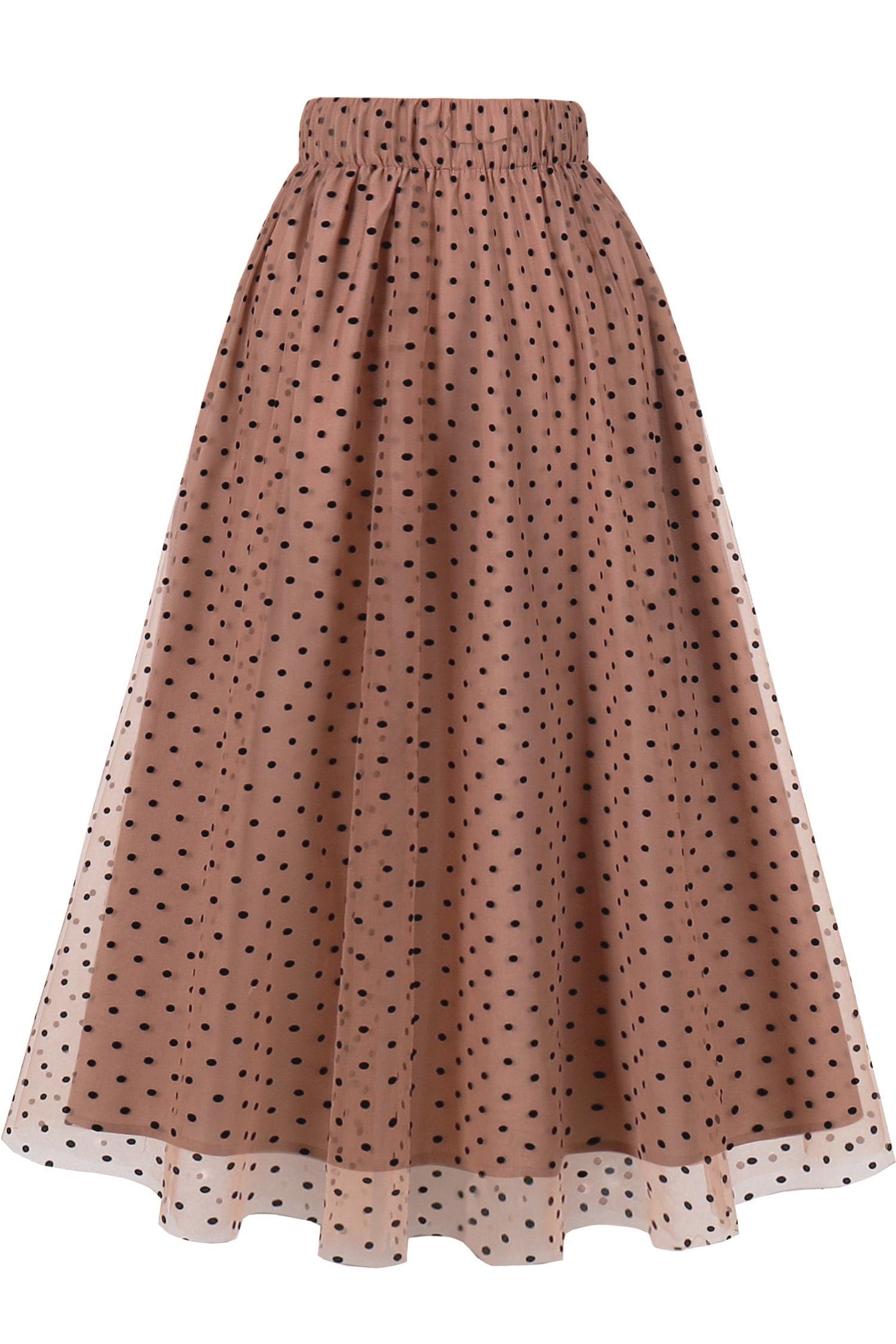 AXOE Donna Gonna Tulle Lunga Linea A Midi Elegante Elastico in Vita Alta Estiva Casual Ufficio caffè e Pois Nero, Taglia 40-44, S