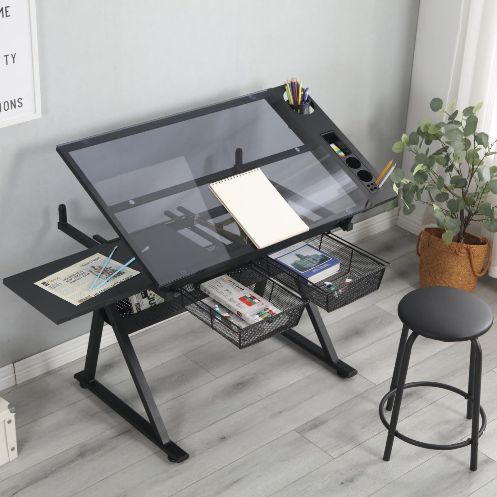Mesa De Dibujo Con Taburete,Mesa De Pintura, Escritorio For Manualidades,Mesa De Trabajo Con Tablero De Vidrio Templado Inclinable,Escritorio De Pie Premium Ajustable En Altura For Proyectos De Bricol