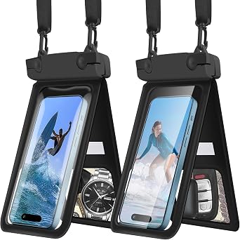 Waterproof Phone Pouch, IPX8 Double Space Cell Phone Case for iPhone 15 14 13 Pro Max Plus Samsung Galaxy S23 S22 Ultra, Detachable Lanyard, Cruise Ship Essentials, 2 PackBlack+Black