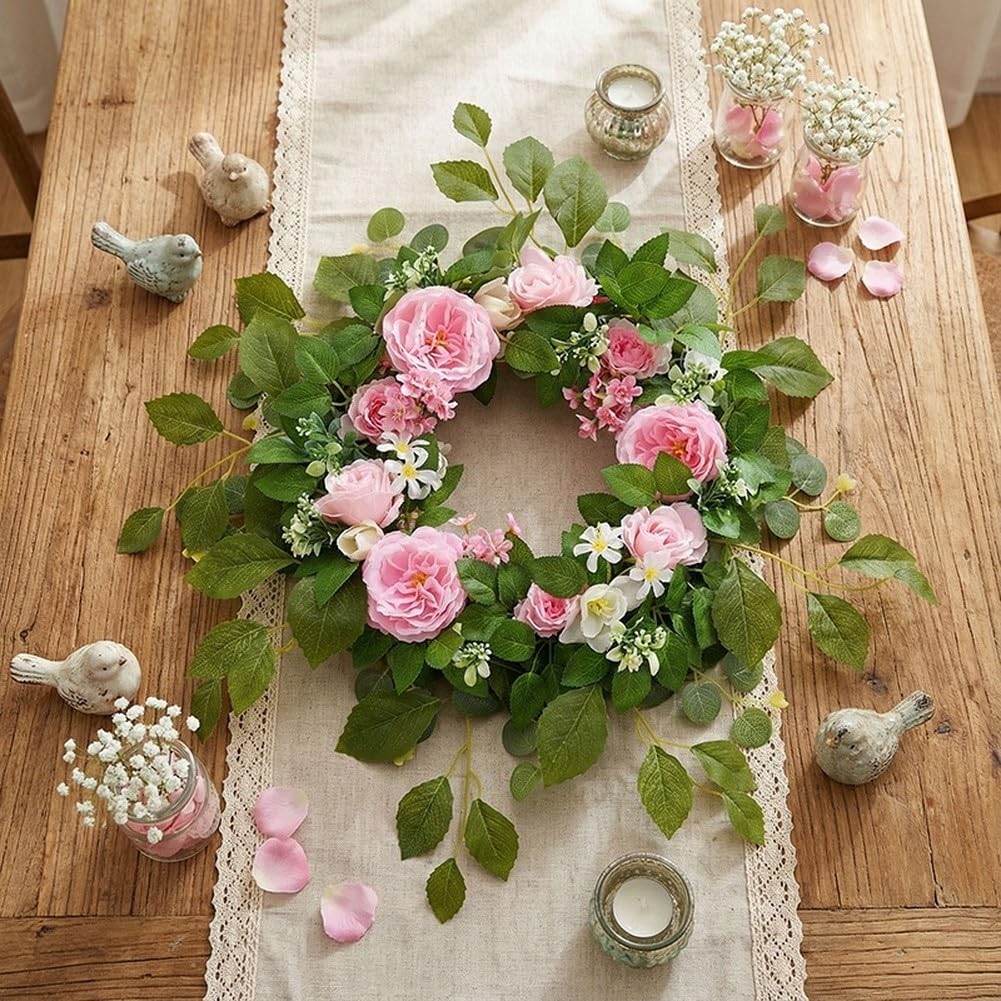 Corona floral artificial con ramo de rosas, peonías, eucaliptos y girasoles, 65 cm de diámetro, decoración del hogar para boda (polvo)