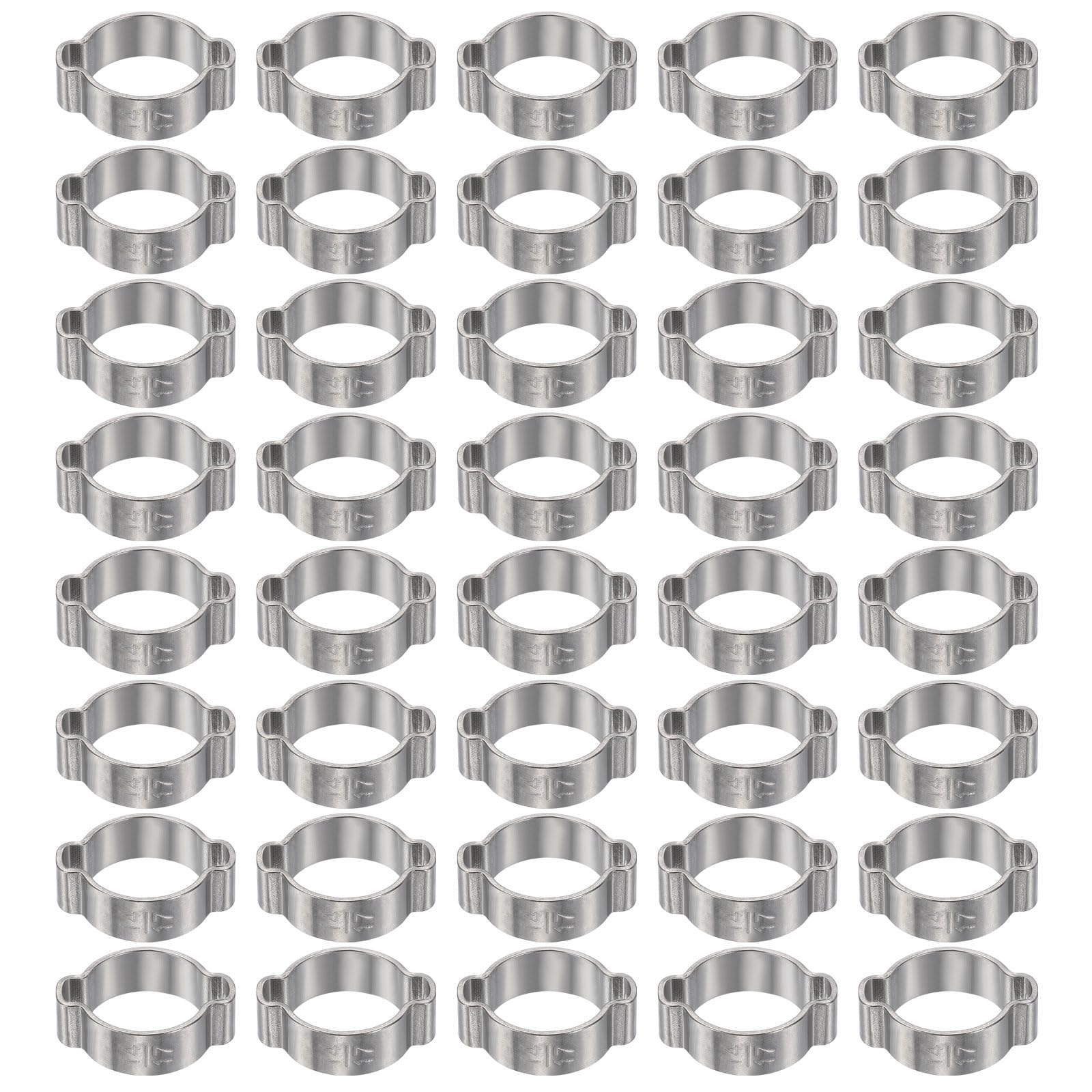 sourcing map 40pcs Double Ear Hose Clamp 14-17 mm 304 Stainless Steel Hose Clamp Double Ear O Clips Crimp Rings for Fuel Line Pipe Tube Fitting Connections, Silver