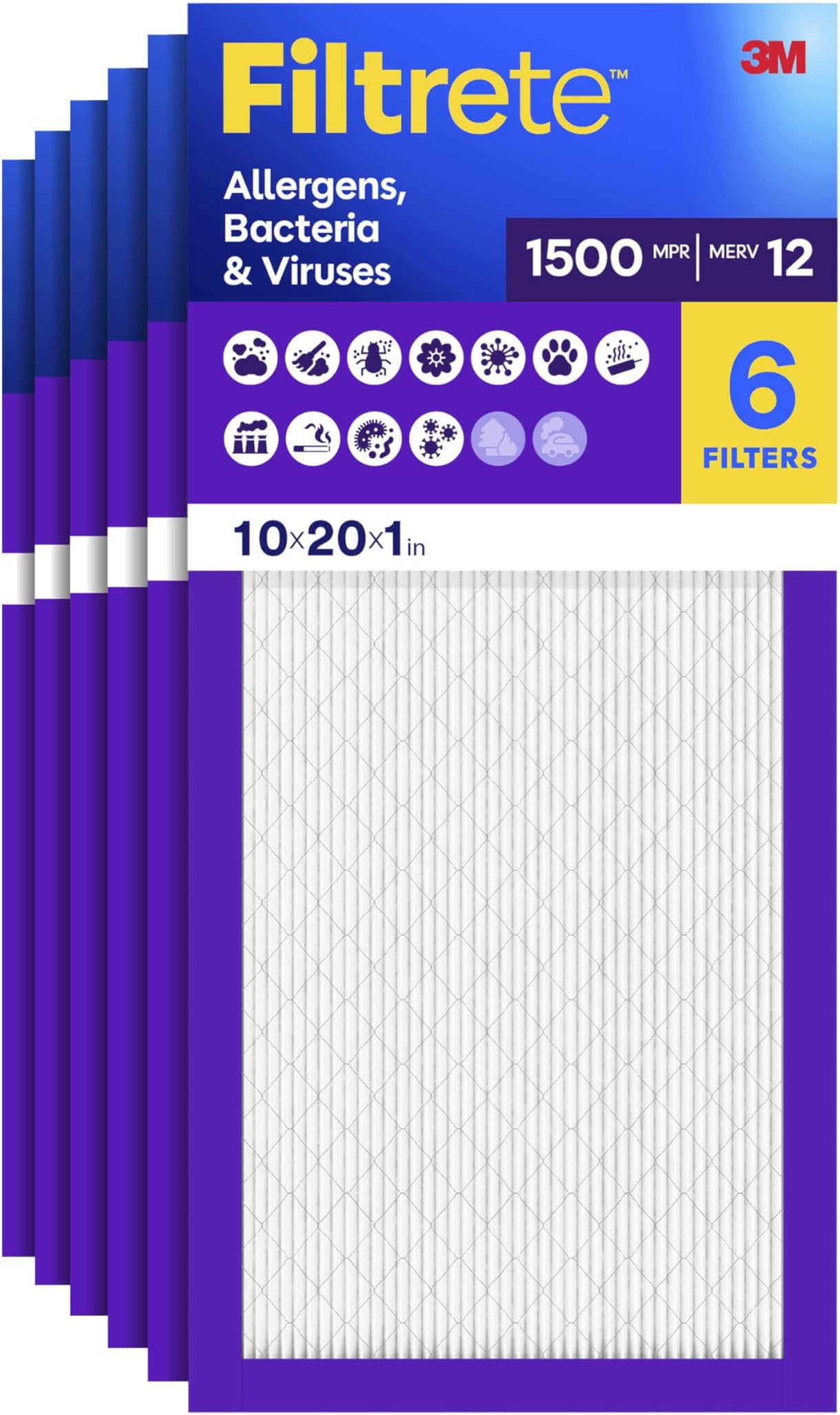 Filtrete 10x20x1 Air Filter, MERV 12, MPR 1500, Allergens, Bacteria & Viruses, 3-Month AC and Furnace Filters, Cleaner Air, Reliable Airflow, 6 HVAC Filters (Actual Size 9.81 x 19.81 x 0.78 in)