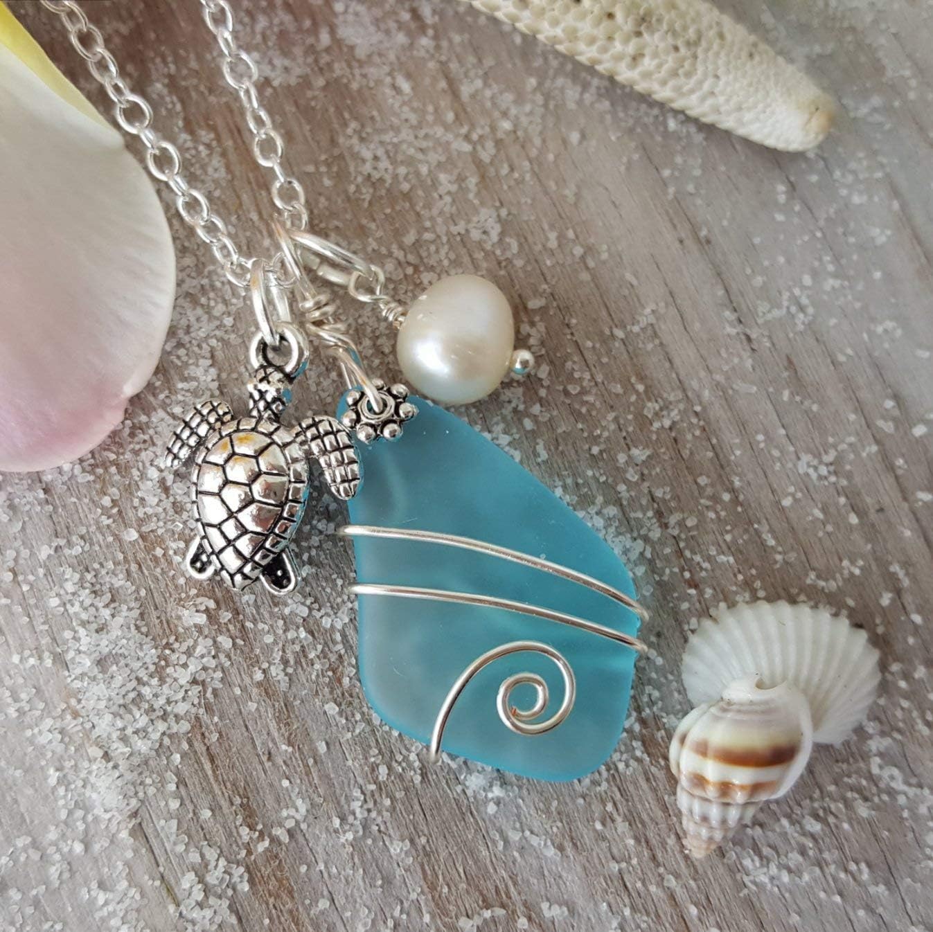 yinahawaii Handmade Sea Glass Necklace, Hawaiian Jewelry For Women, Wire Turquoise Bay Blue Necklace Pearl Turtle Necklace, Unique Beach Jewelry Sea Glass Jewelry For Women (December Birthstone)